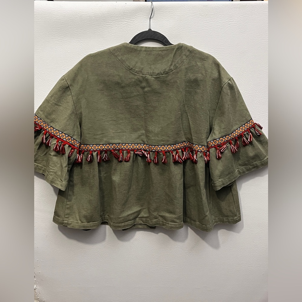 Olive Green Tassel Trim Oversized Boho Aztec Jean Jacket Large - Picture 2 of 10